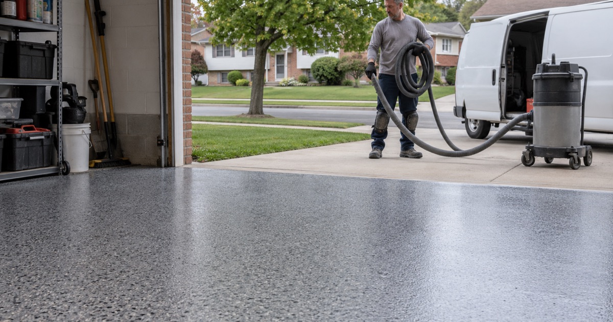 A Schaumburg garage floor finished for the day, the installer coiling the vacuum hose at the van.