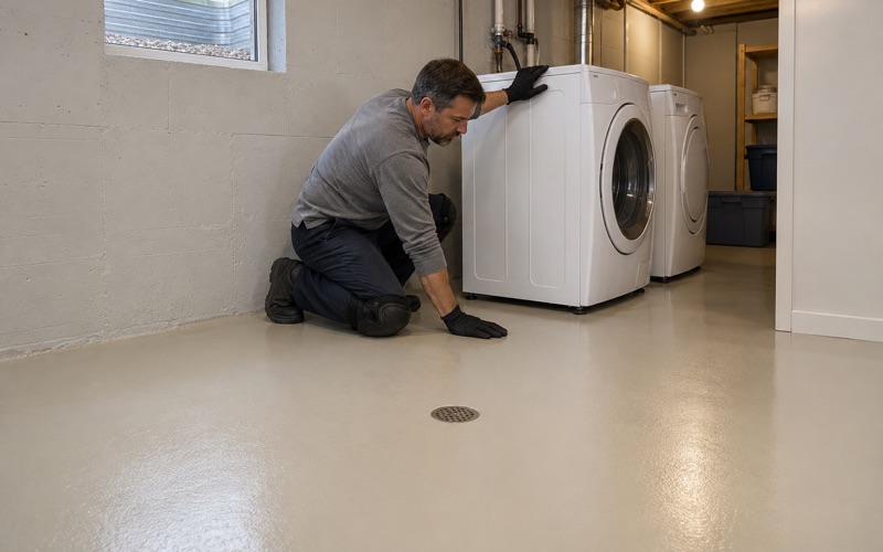 A finished light beige epoxy floor in a Schaumburg basement laundry, the washer being set back in place.