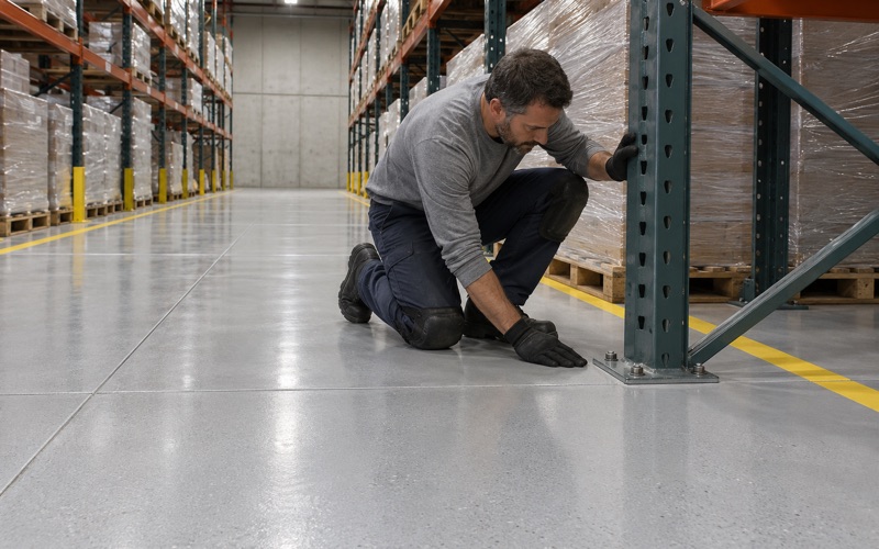 A coated distribution floor in a Schaumburg business park, the coating closed tight around the pallet rack base plates.