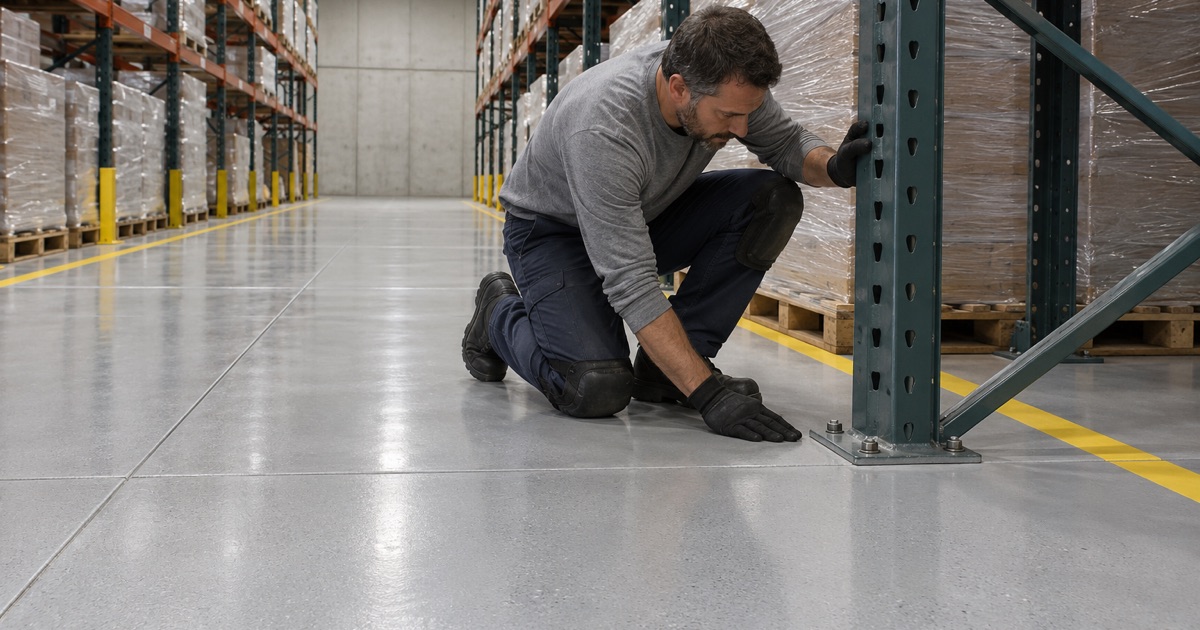 A coated distribution floor in a Schaumburg business park, the coating closed tight around the pallet rack base plates.