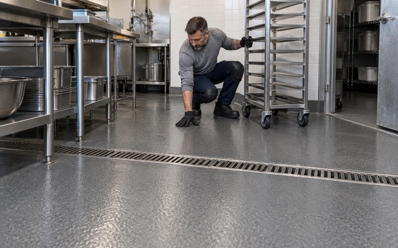 A slip-resistant urethane cement floor with a coved base in a Schaumburg restaurant prep kitchen, sloping to a trench drain.
