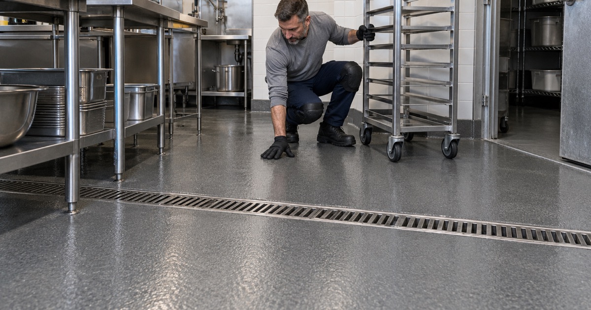 A slip-resistant urethane cement floor with a coved base in a Schaumburg restaurant prep kitchen, sloping to a trench drain.