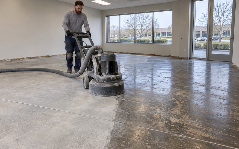 A diamond grinder opening up a Schaumburg office building's old sealed floor, the ground lane pale beside the old finish.