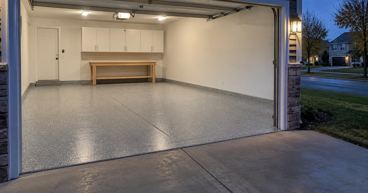 An empty finished gray flake garage floor in Schaumburg at dusk, the lights on and the door raised.