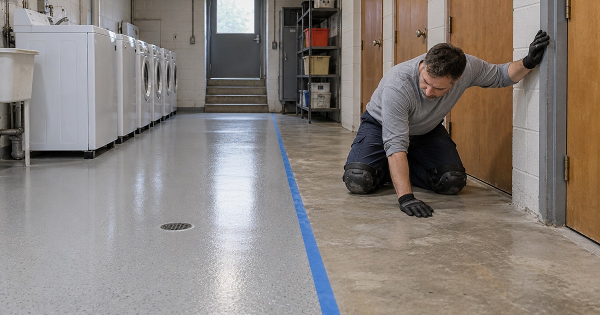 Half of a Bensenville apartment building’s storage corridor newly coated, the other half left open for tenants
