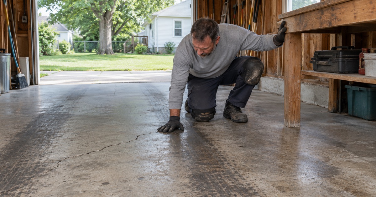 The original tire-worn slab in a detached Brookfield garage behind a postwar house