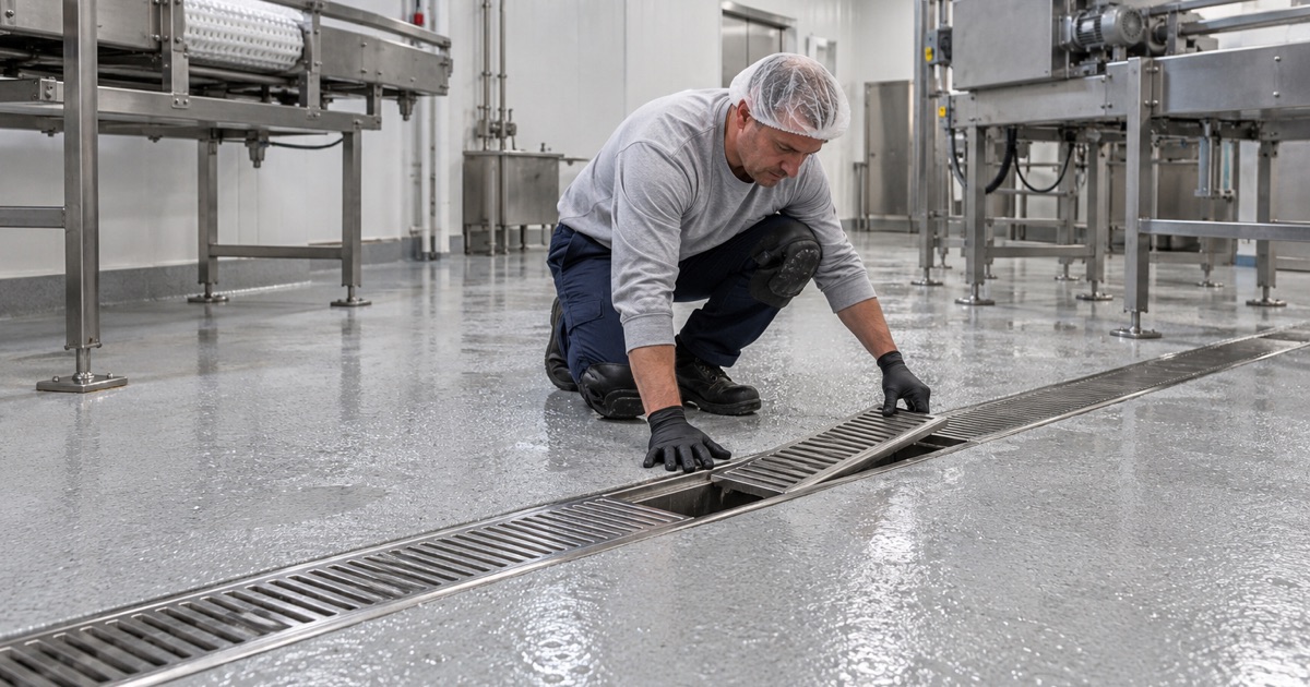 A sloped washdown floor draining to a stainless trench drain in a Burr Ridge food production room.