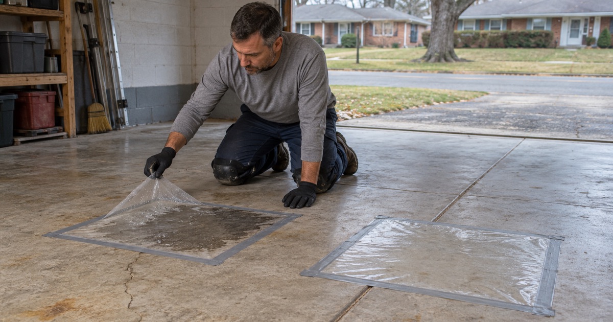 A pre-1970 Deerfield garage slab moisture-tested in two spots before a coating system is chosen