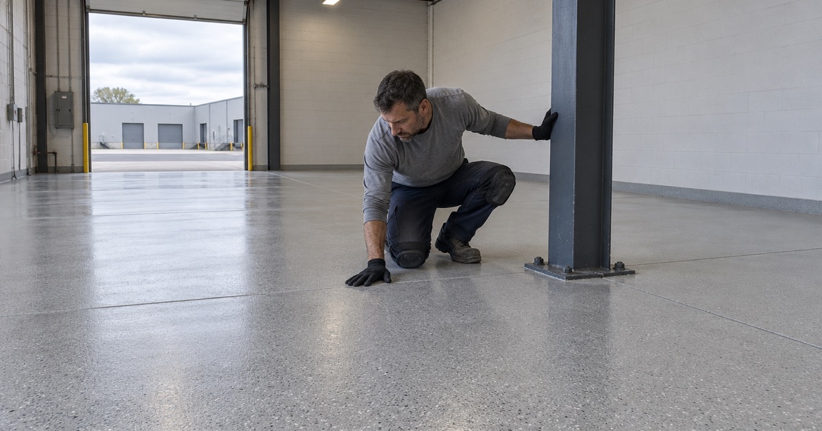 One tenant bay in a Lake Zurich multi-tenant industrial building, newly coated up to the demising wall.