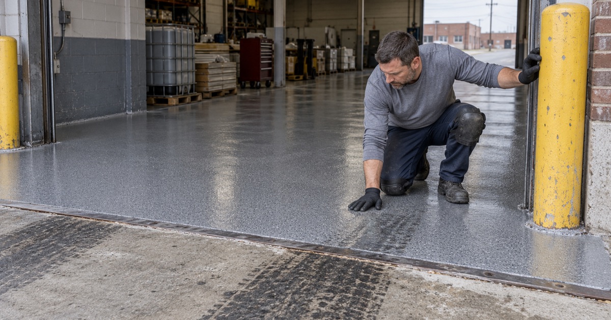 A recoated warehouse floor at a drive-in door in a 1970s Lincolnwood industrial building, tire paths worn into the old slab.