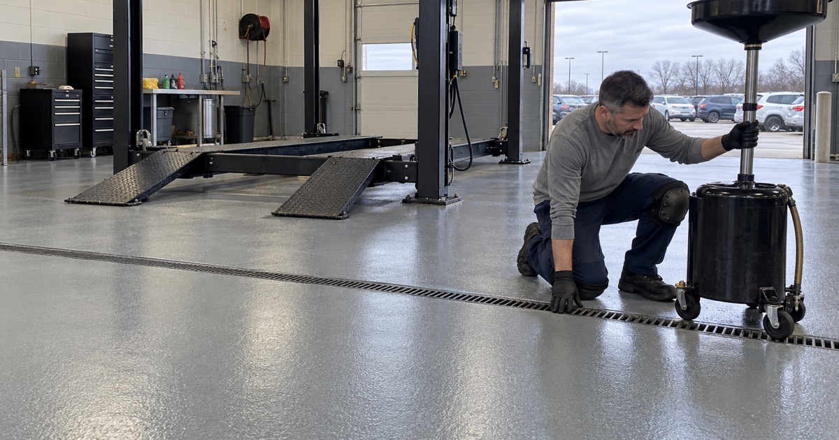 A coated vehicle service bay at a North Aurora dealership, the floor finished around a trench drain and lift pads.