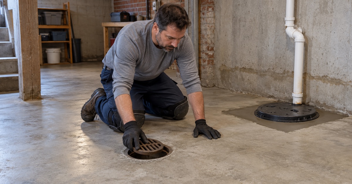 A Northlake basement slab that has taken water, cleaned and dried at the floor drain before any coating