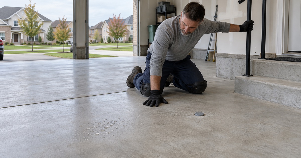 A young Pingree Grove garage slab checked for curing sealer and moisture before its first coating