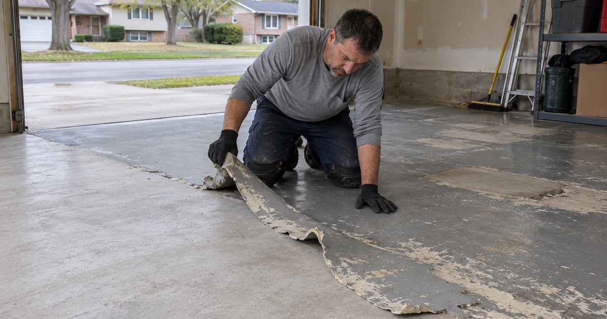 Decades of paint, sealer and patches ground off a Prospect Heights garage slab before recoating