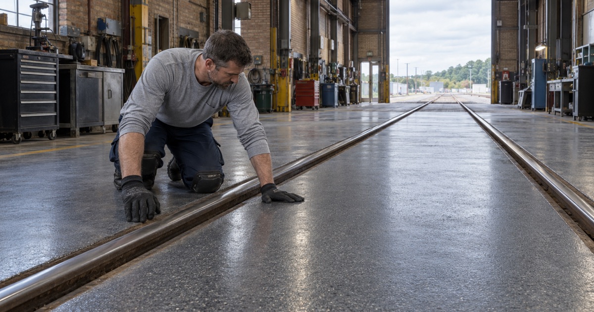 A heavy-duty coated floor meeting the flush steel rails in a River Grove railroad repair shop.