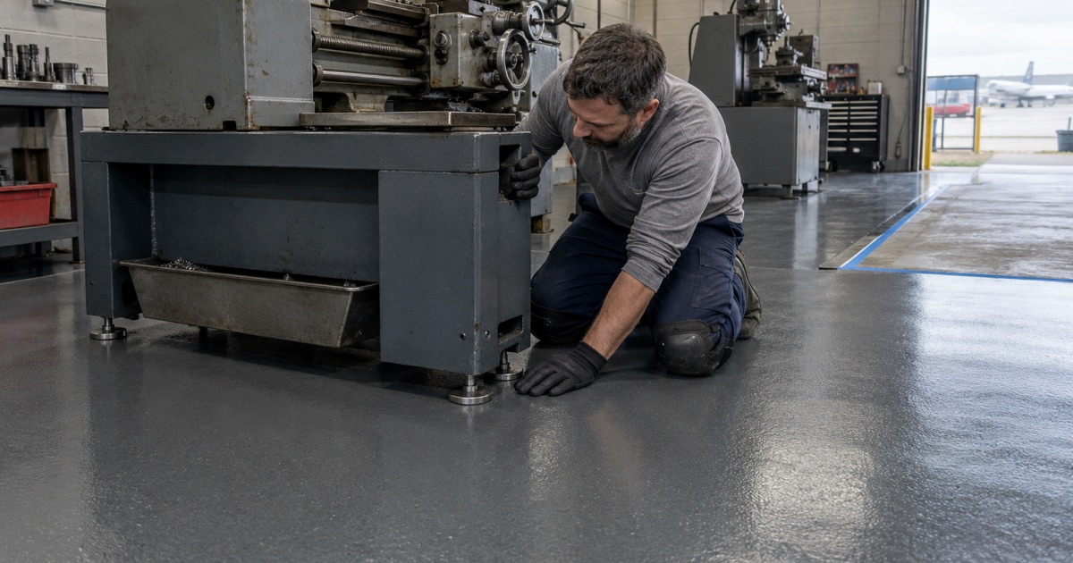 A coated machine shop floor in Schiller Park, sealed tight around the leveling feet of a bolted-down lathe.
