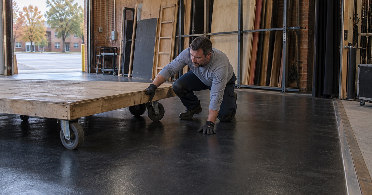 A freshly coated black floor in the scene shop of a Western Springs community theater, a stage wagon rolled into place.