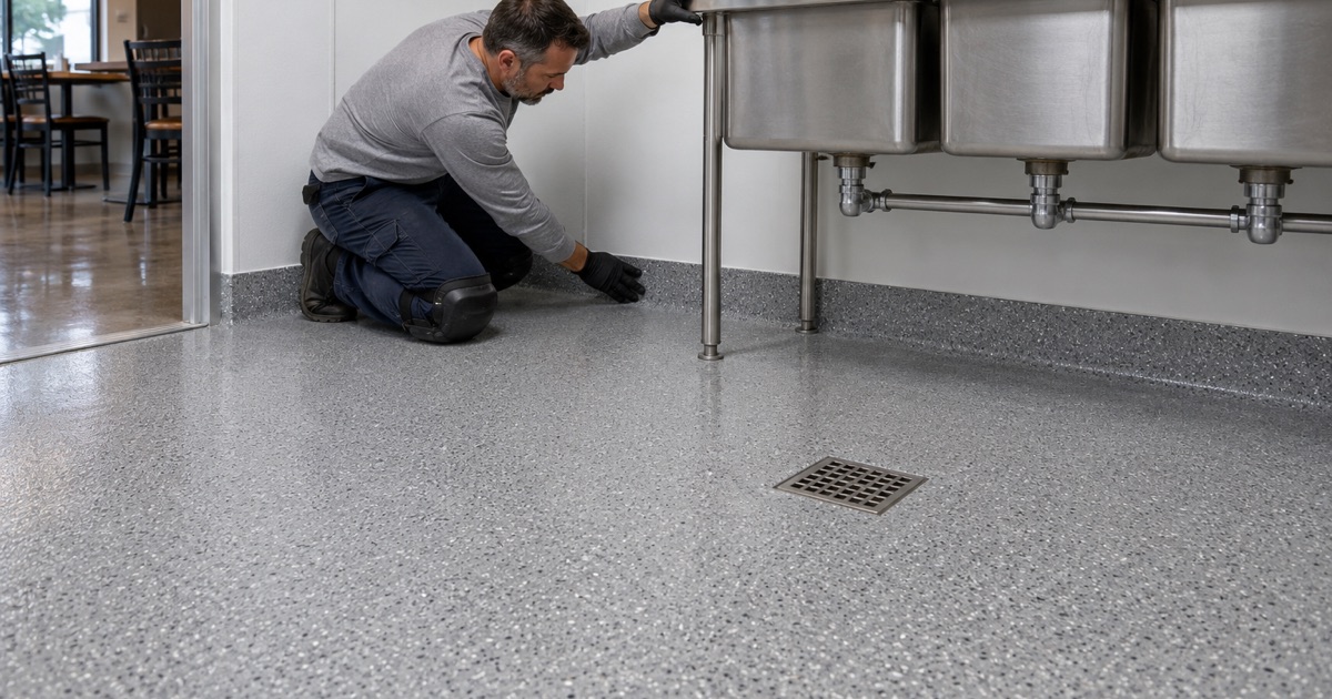 A seamless quartz floor turned up into an integral coved base under a three-compartment sink in a Wood Dale food prep room.