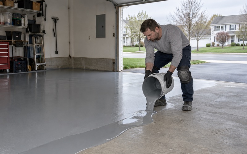 A gray epoxy base coat poured in a ribbon across a ground garage slab in a Schaumburg colonial.