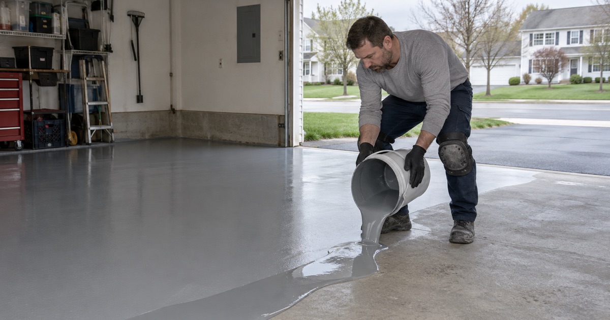 A gray epoxy base coat poured in a ribbon across a ground garage slab in a Schaumburg colonial.