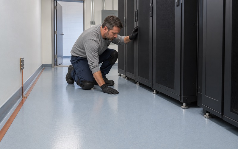 A static-dissipative floor under equipment racks in a Schaumburg telecom equipment room, grounded at the wall.