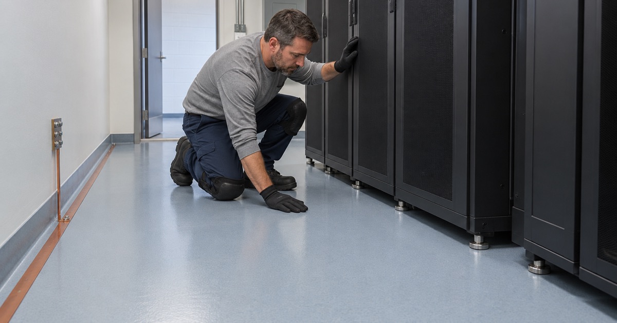 A static-dissipative floor under equipment racks in a Schaumburg telecom equipment room, grounded at the wall.