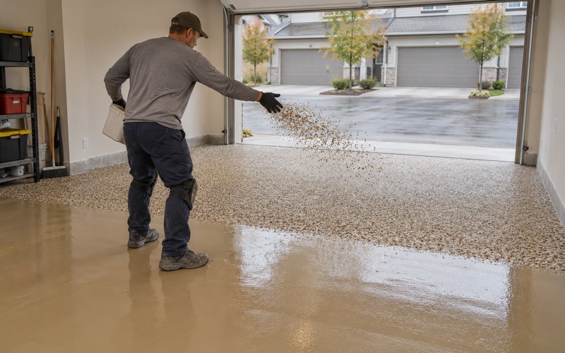 Flake broadcast in progress across a wet base coat in a Schaumburg townhome garage, the chips in the air mid-throw.