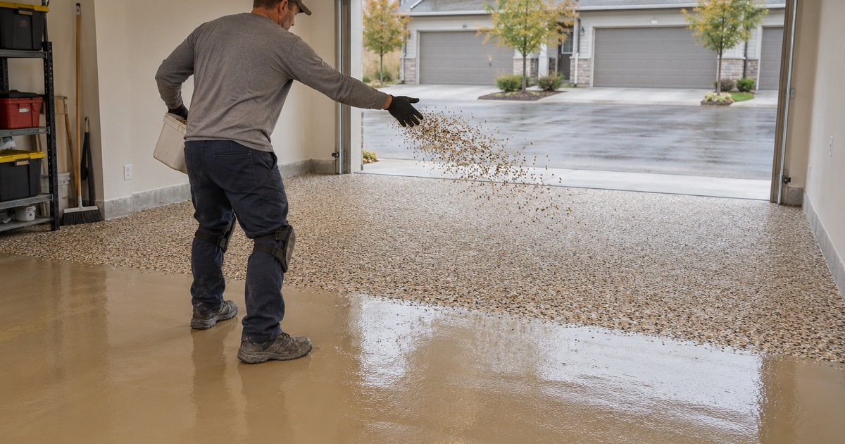 Flake broadcast in progress across a wet base coat in a Schaumburg townhome garage, the chips in the air mid-throw.