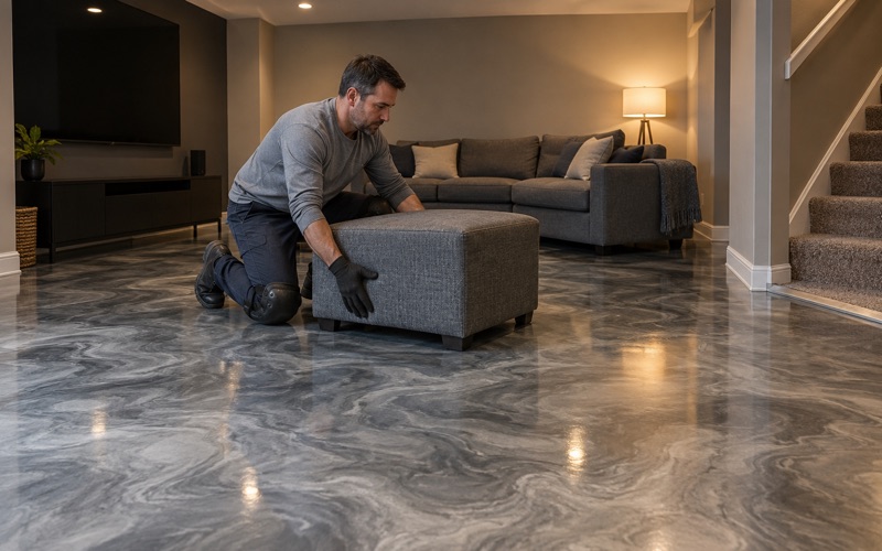 A finished silver and charcoal metallic epoxy floor in a Schaumburg basement media room.