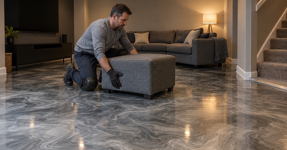 A finished silver and charcoal metallic epoxy floor in a Schaumburg basement media room.