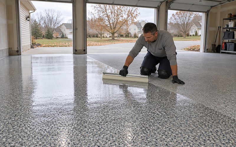 A one-day polyaspartic topcoat spread over a flake floor in a Schaumburg three-car garage on a cool autumn morning.