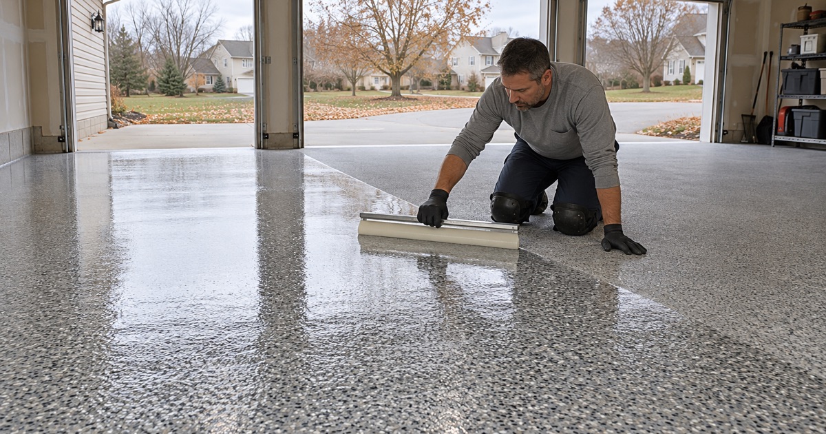 A one-day polyaspartic topcoat spread over a flake floor in a Schaumburg three-car garage on a cool autumn morning.